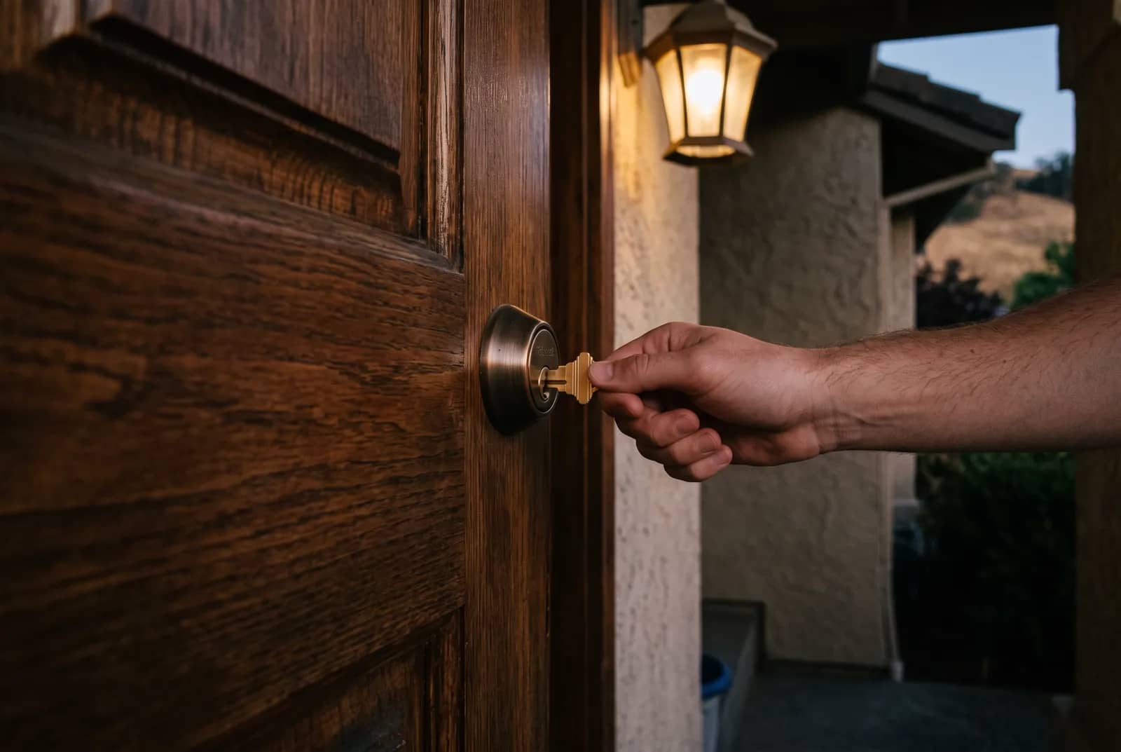 A hand turning a brass key in the bronze deadbolt of a heavy stained hardwood front door, hard afternoon light raking across the leaf and the dry hills soft behind