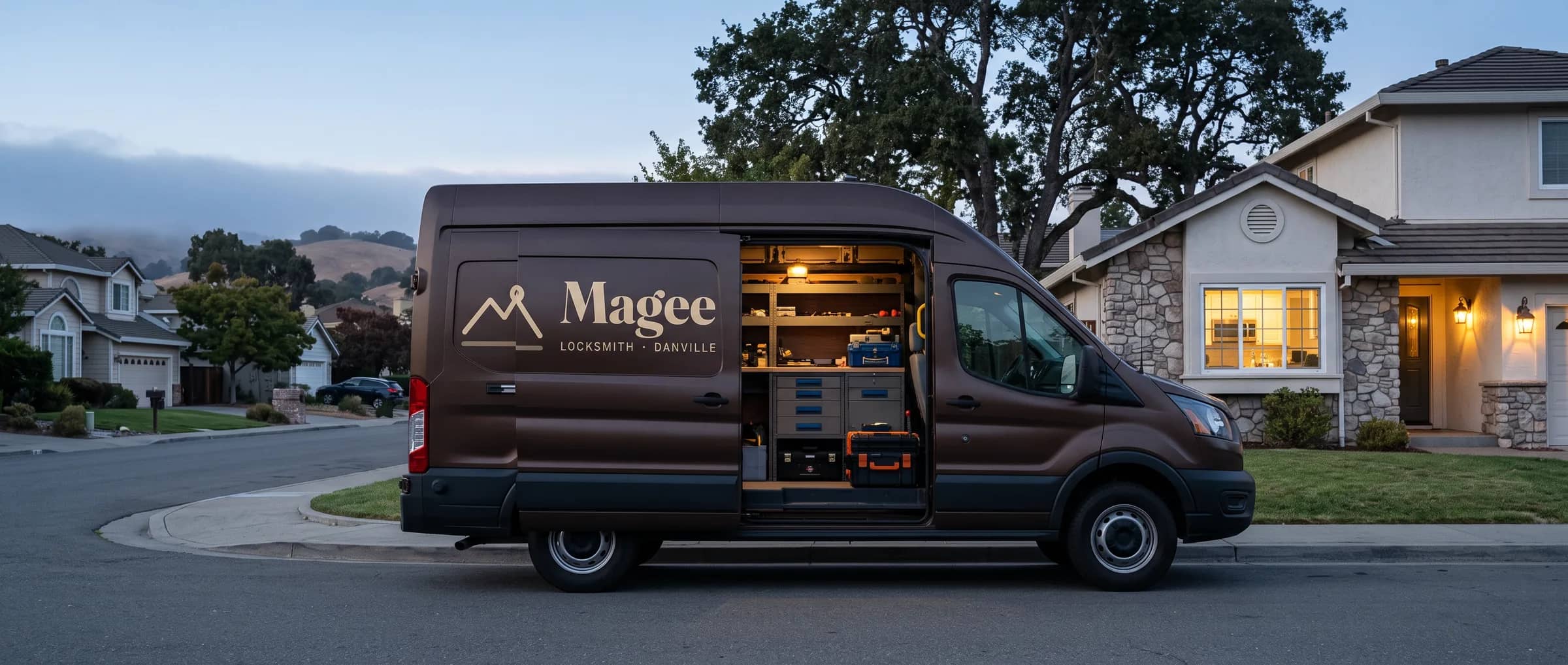 Magee van parked along the kerb on a Danville street after sunset